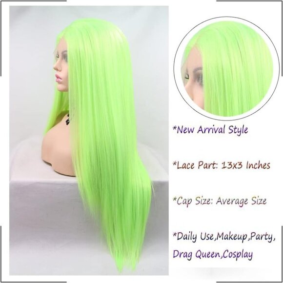 Wig for Women Synthetic Long Straight Neon Green Middle Part Natural Hairline - Picture 6 of 7